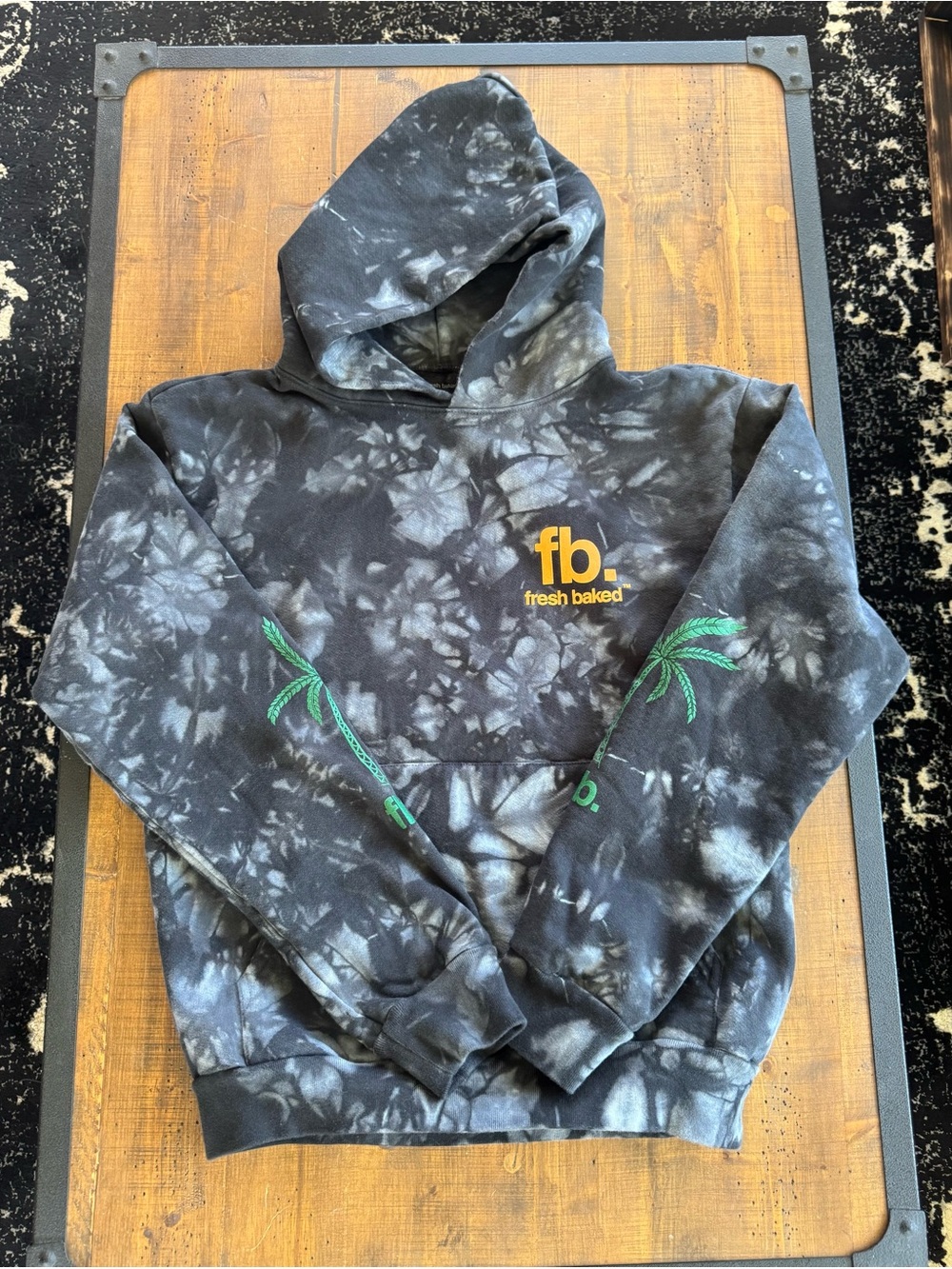 Fresh Baked fb. Black Tie-Dye Crewneck Hoodie with Palm Sleeve Graphics